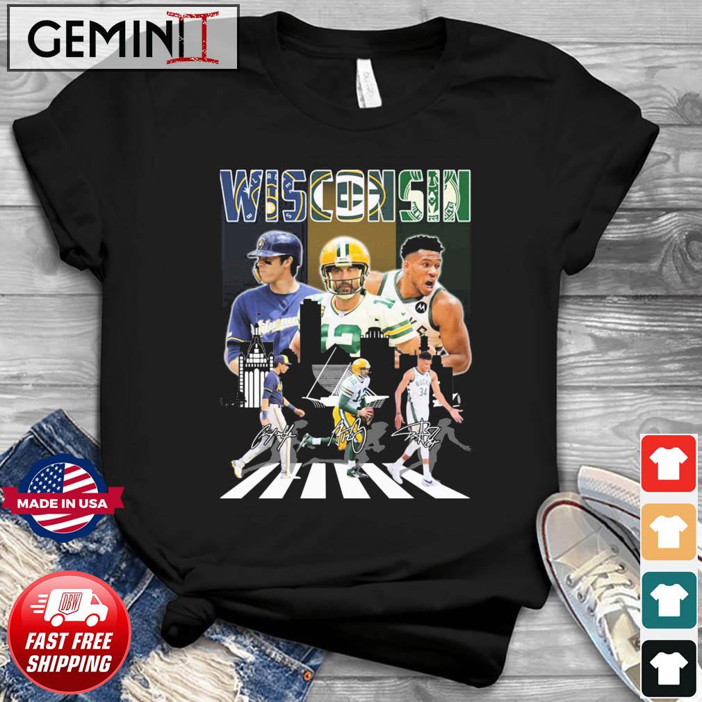 Wisconsin Sports Abbey Road Christian Yelich Aaron Rodgers And Giannis Antetokounmpo Signatures Shirt
