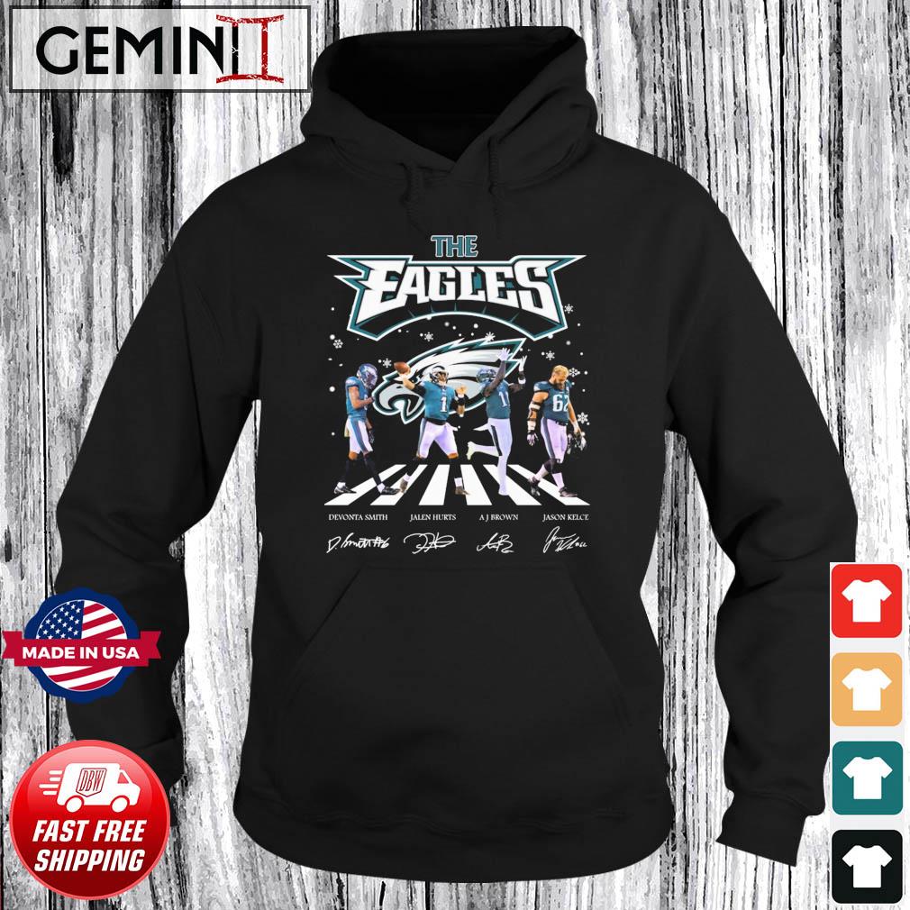 The Eagles Abbey Road Devonta Smith Jalen Hurts Aj Brown And Jason Kelce Signatures Shirt Hoodie
