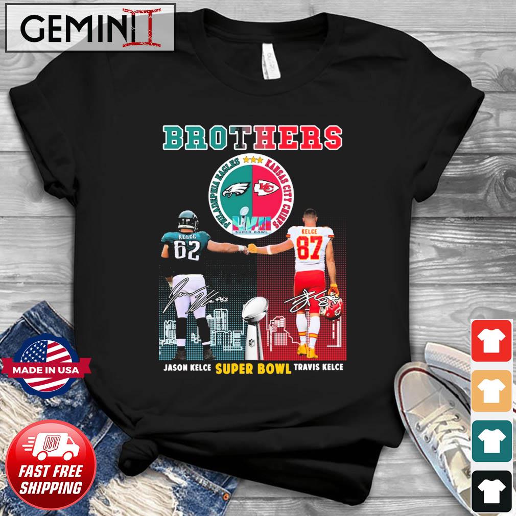 Jason Kelce And Travis Kelce Brothers Super Bowl LVII Skyline Signatures Shirt