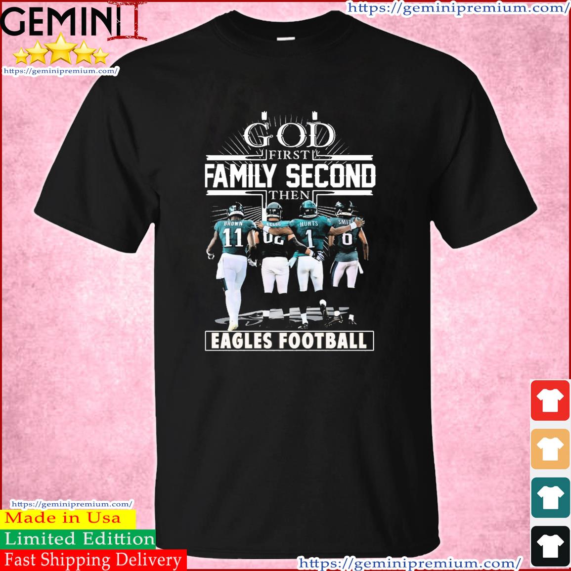 Philadelphia Food First Family Second Brown Kelce Hurts Smith Eagles Football Shirt