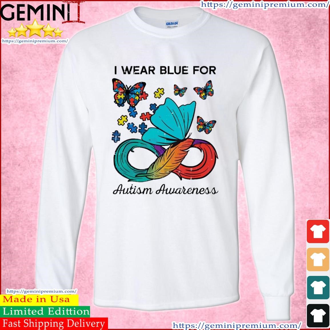 I Wear Blue For Autism Awareness Autism Feather Puzzle Butterfly Shirt Long Sleeve Tee.jpg