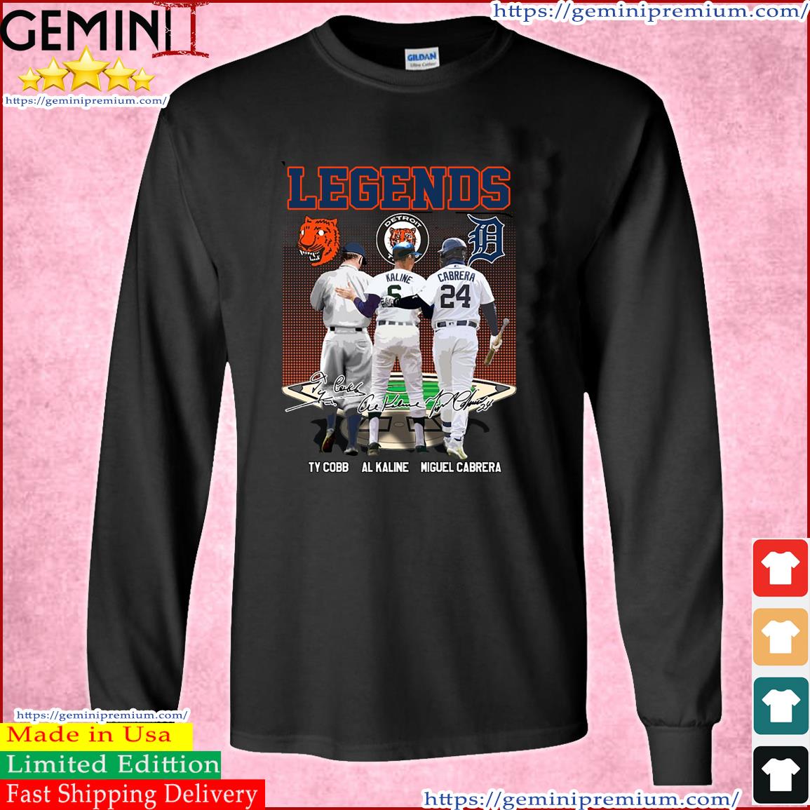 Legends Ty Cobb Al Kaline and Miguel Cabrera Detroit Tigers Signatures s Long Sleeve Tee