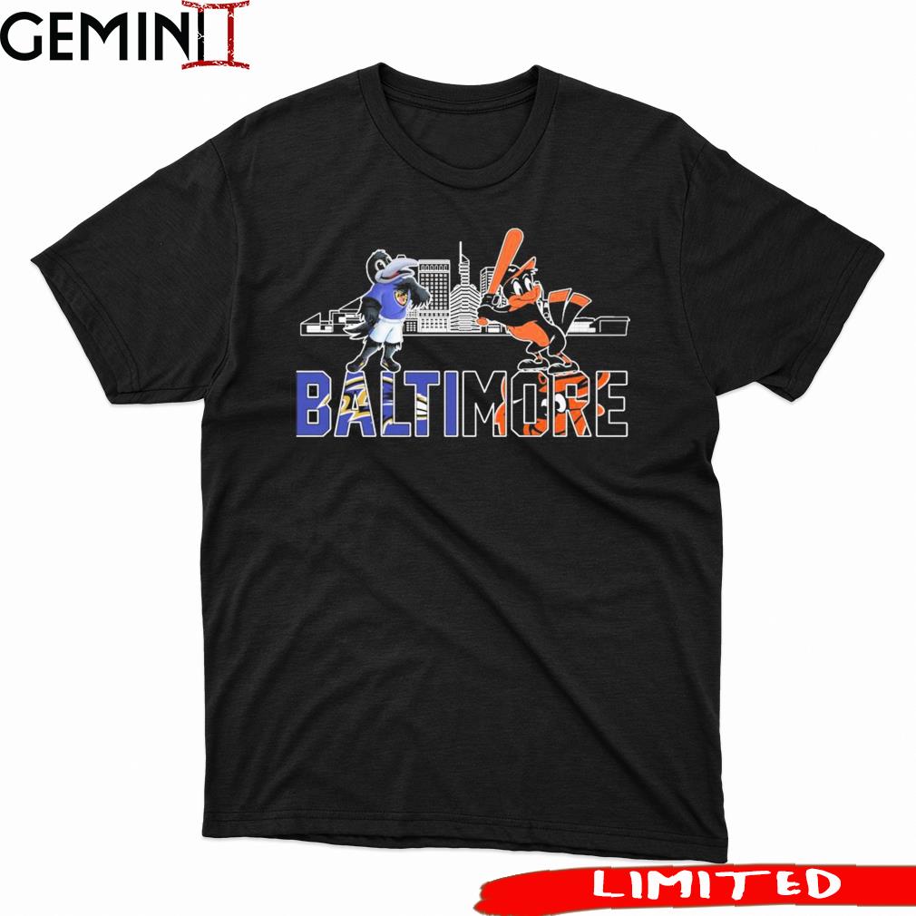 The Oriole Bird And Poe Mascots Baltimore Skyline Sports Shirt