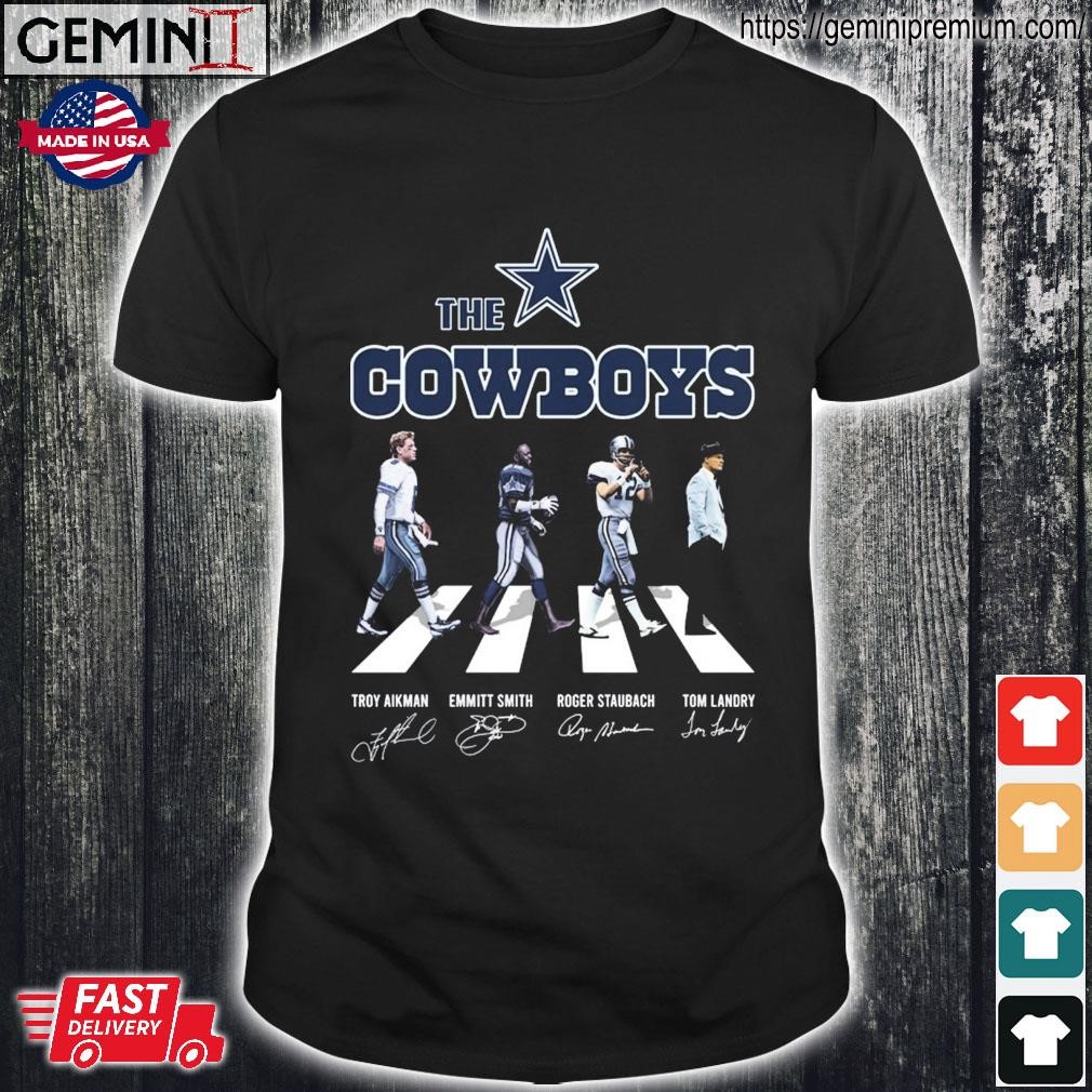 The Cowboys abbey road Troy Aikman Emmitt Smith Roger Staubach and Tom  Landry signature shirt, hoodie, sweater, long sleeve and tank top