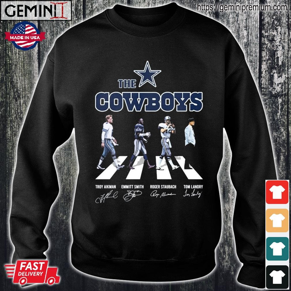 The Dallas Cowboys Troy Aikman Emmitt Smith Roger Staubach Tom Landry  signature Abbey Road 2023 tee, hoodie, sweater, long sleeve and tank top