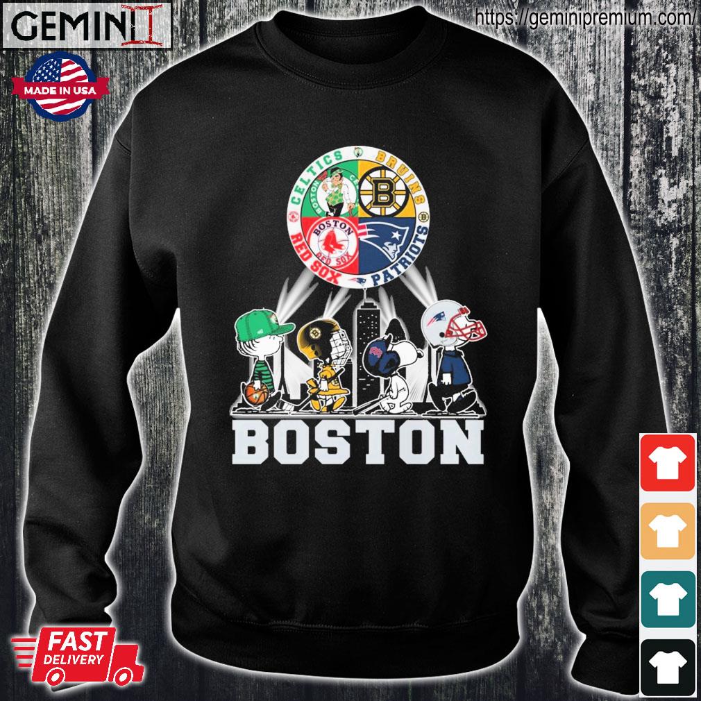 Peanuts characters Bruins Patriots Red Sox Celtics Boston skyline city  shirt - Limotees